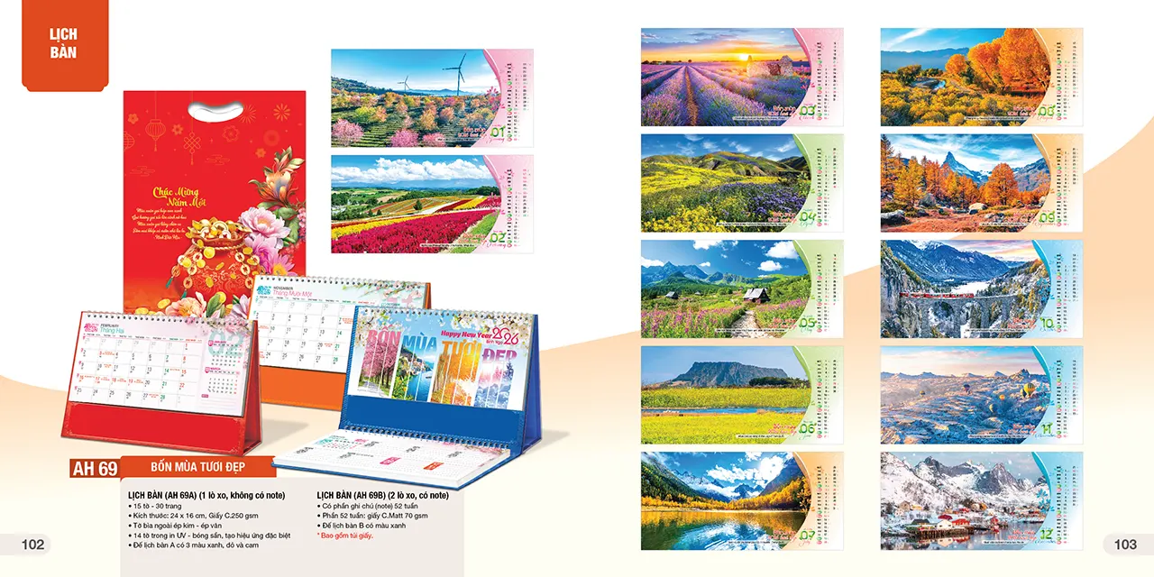Lịch bàn phôi sẵn 2026 mã AH với giấy in cao cấp