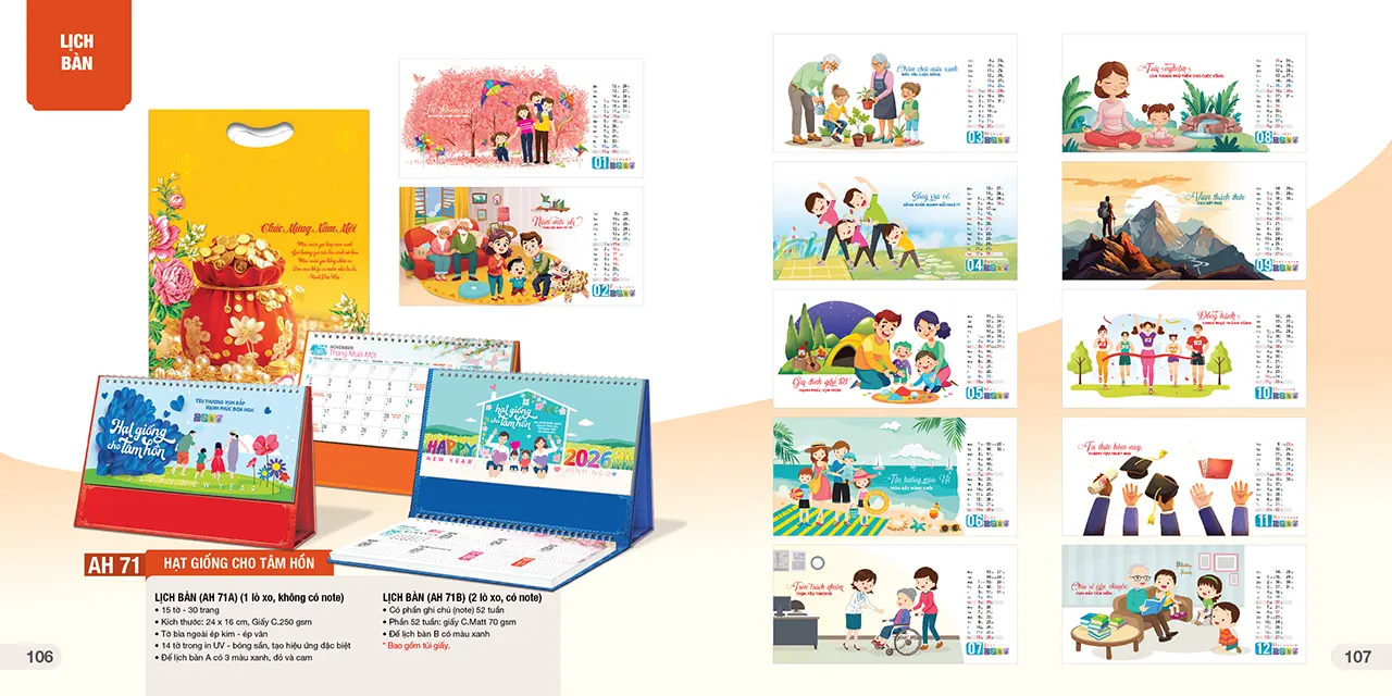 Mẫu lịch bàn phôi sẵn 2026 mã AH dễ ghi chú công việc