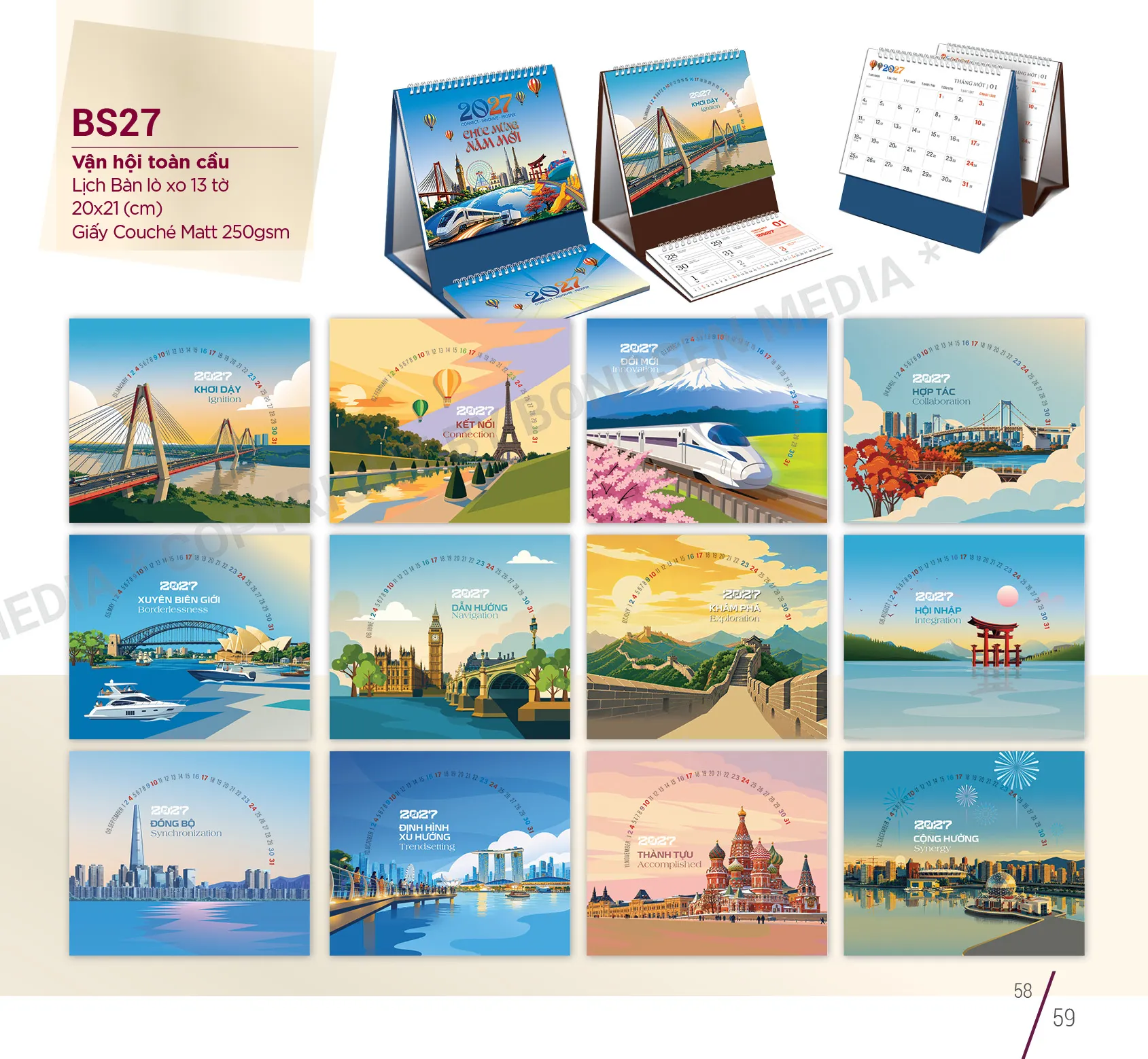 Mẫu lịch bàn chữ A Tết 2027 sang trọng