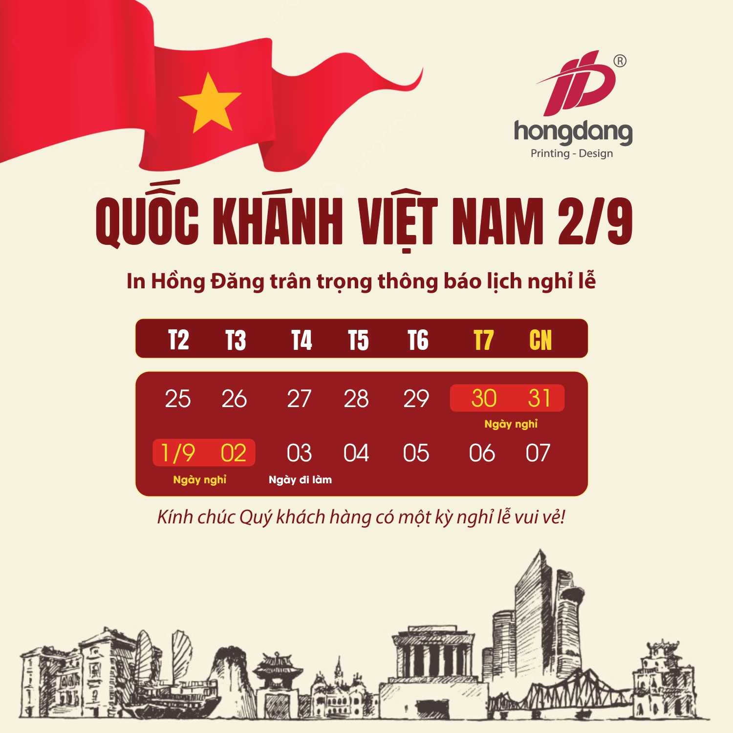 Lịch nghỉ lễ quốc khánh 2/9/2025